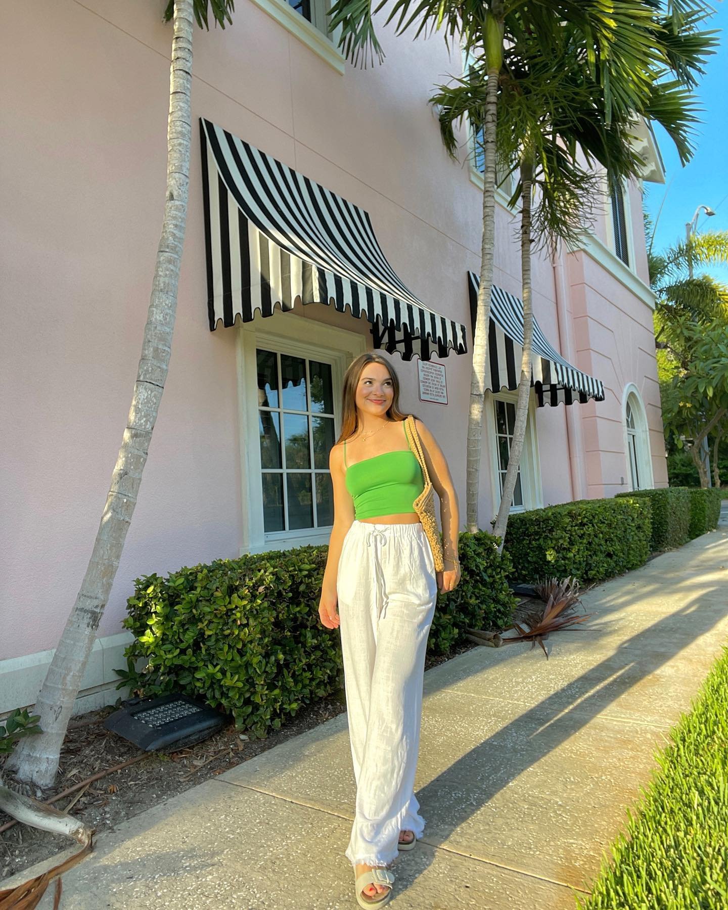 Vibrant Green Square-Neck Tank with Flowy White Linen Trousers