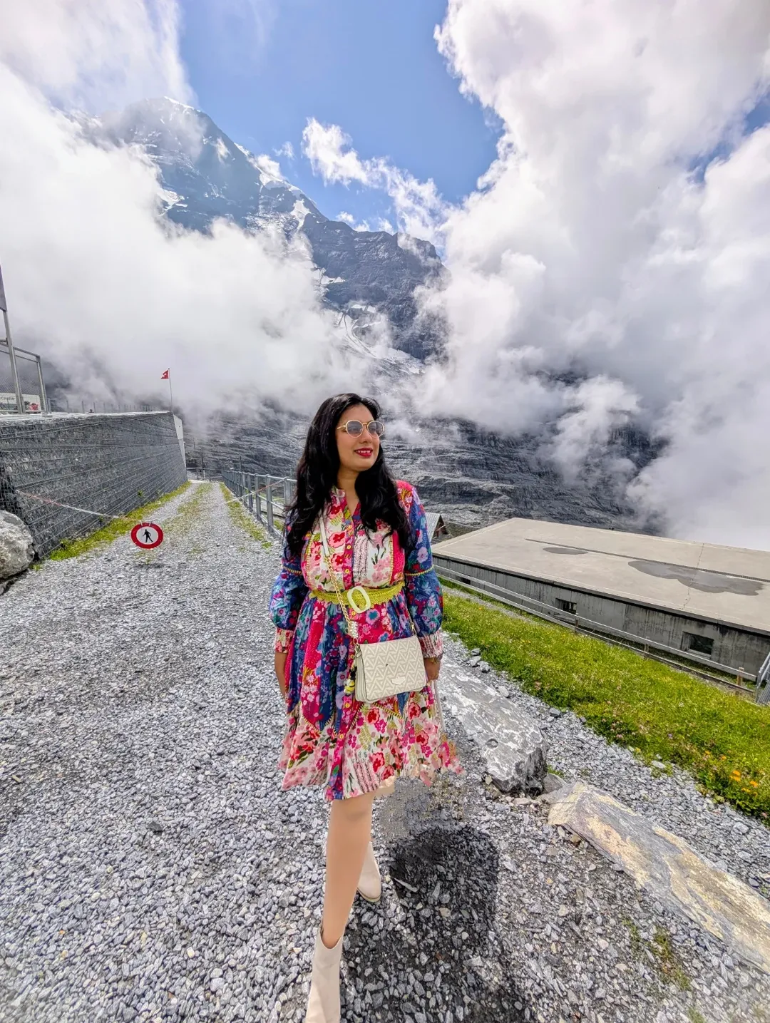 Vibrant Patchwork Floral Mini Dress with Neutral Suede Booties