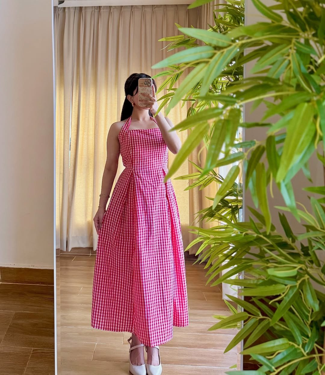 Vibrant Red Gingham Halter Midi Dress Casual Weekend Sundress