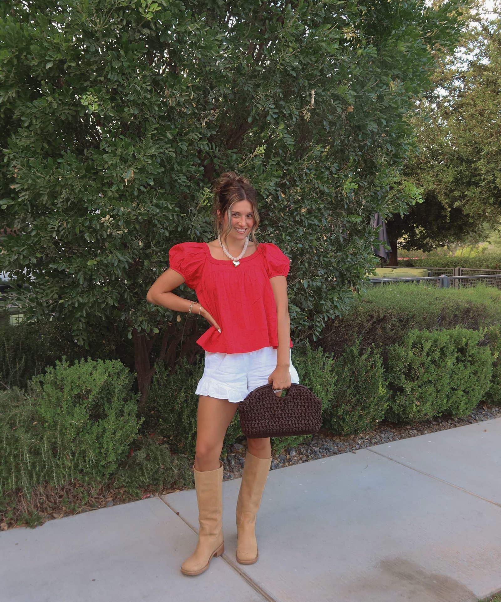 Vibrant Red Puff-Sleeve Top with Tailored White Shorts