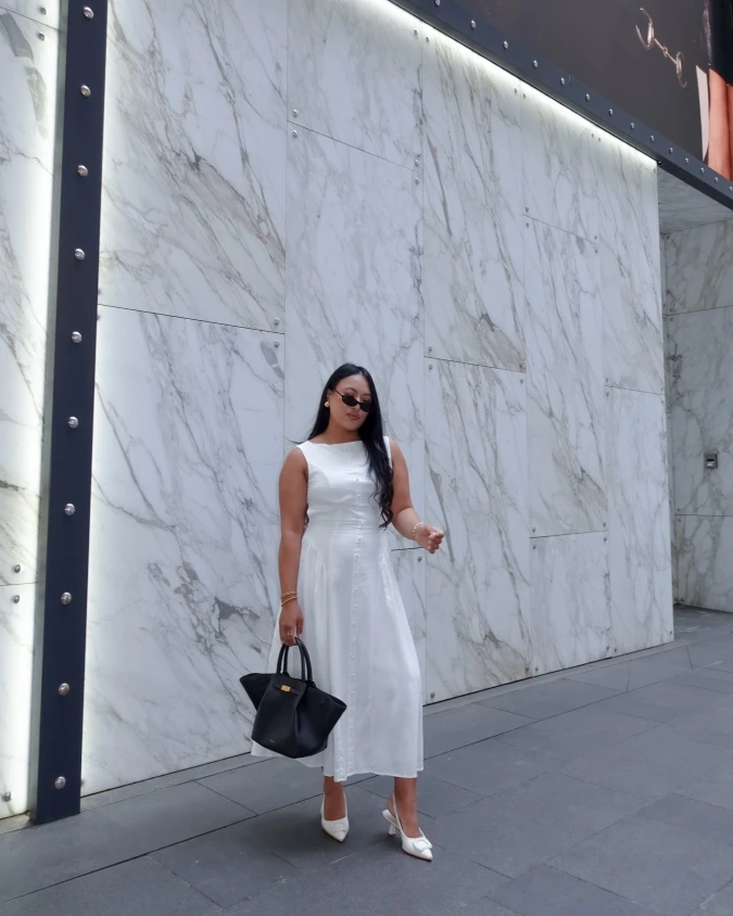 White Button Front Midi Dress for a Polished Anniversary Date Look