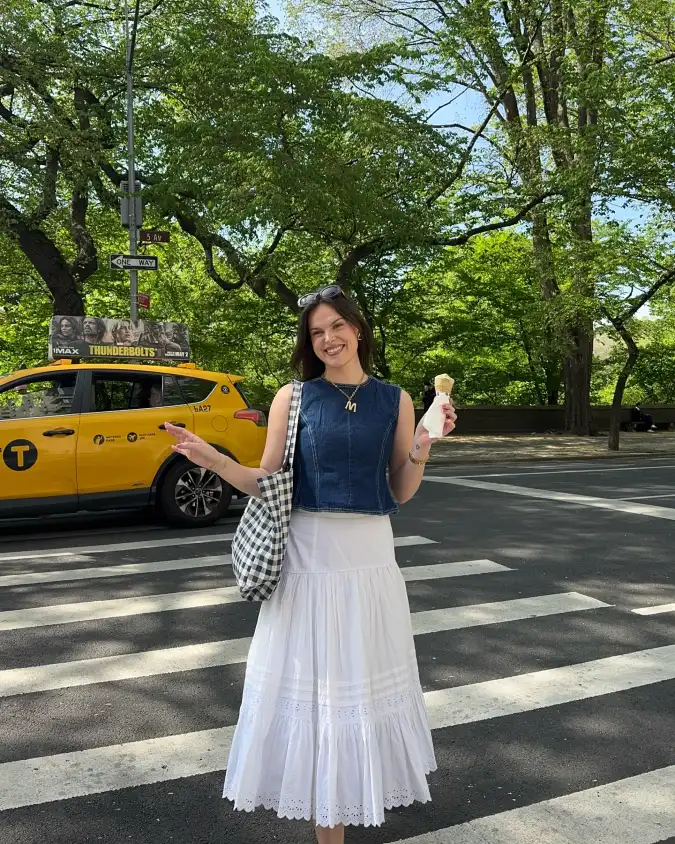 White Cotton Maxi Skirt, Denim Sleeveless Top, Easy Weekend Style for a New Mom First Outing