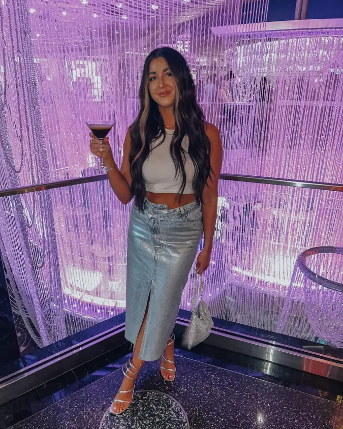 White Cropped Tank with Front Slit Denim Midi Skirt