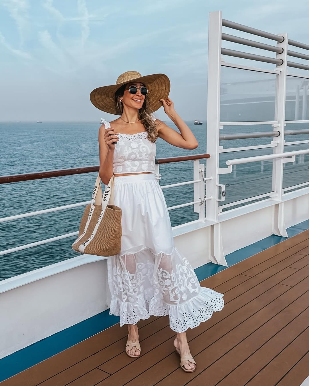White Eyelet Crop Top and Skirt Set with Woven Tote and Straw Hat