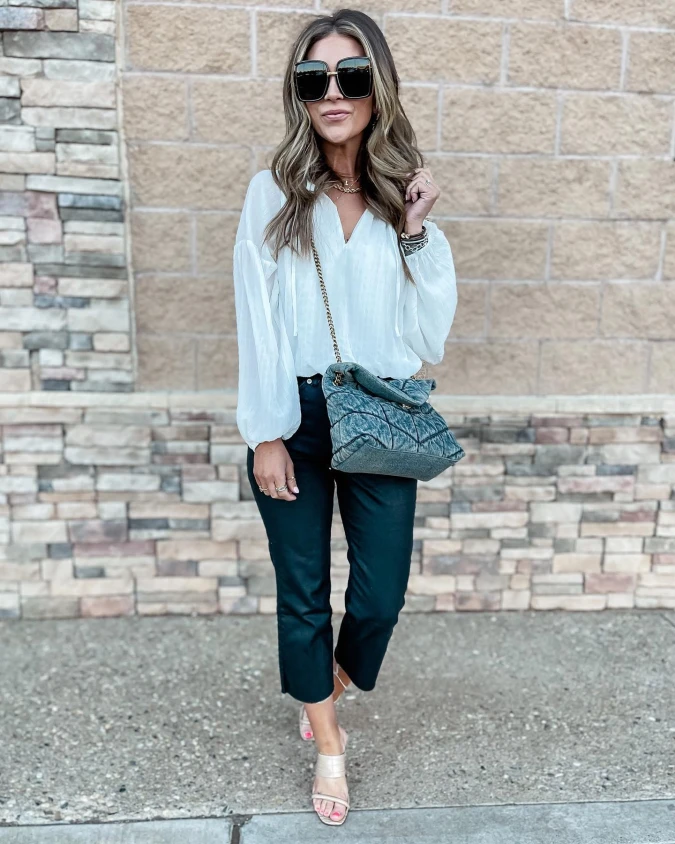 White Flowy Blouse With Black Cropped Pants