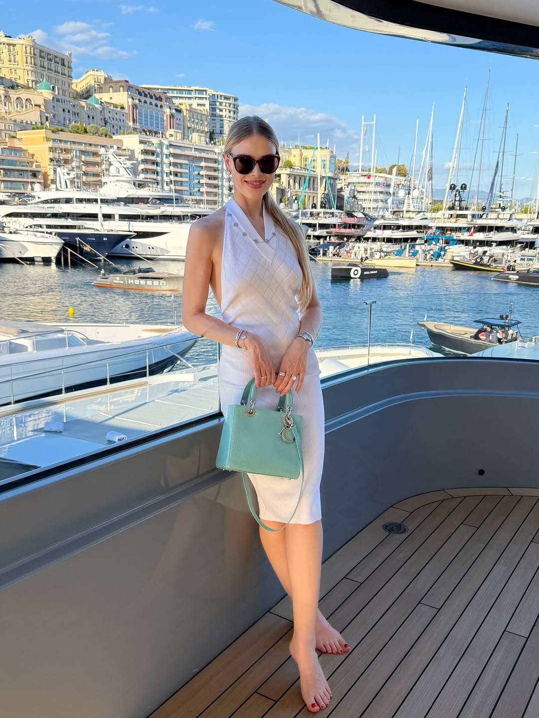 White Halter Midi Dress with Mint Bag
