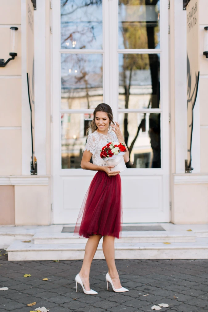 White Lace Top With Burgundy Tulle Skirt