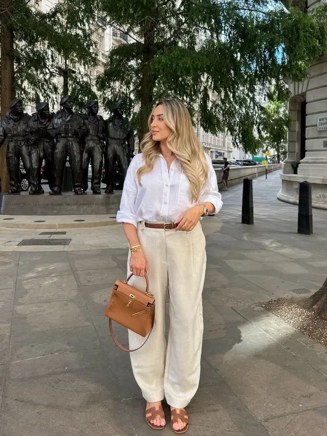 White Linen Shirt With Cream Wide Leg Pants