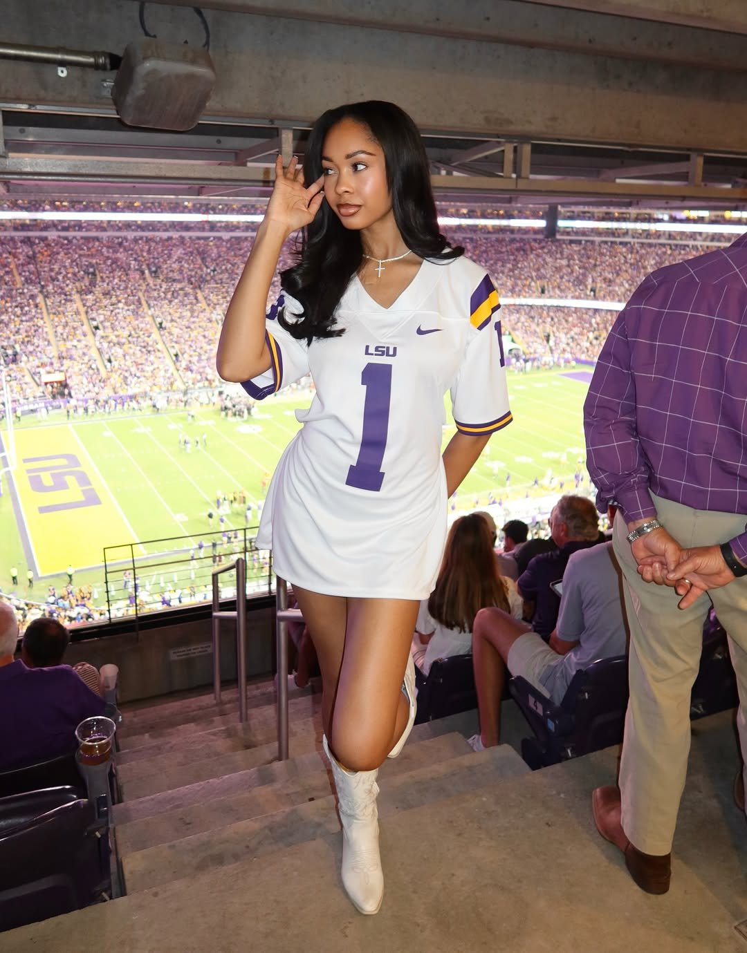 White, Purple, and Gold Oversized Jersey Dress Elevated Game Day Style