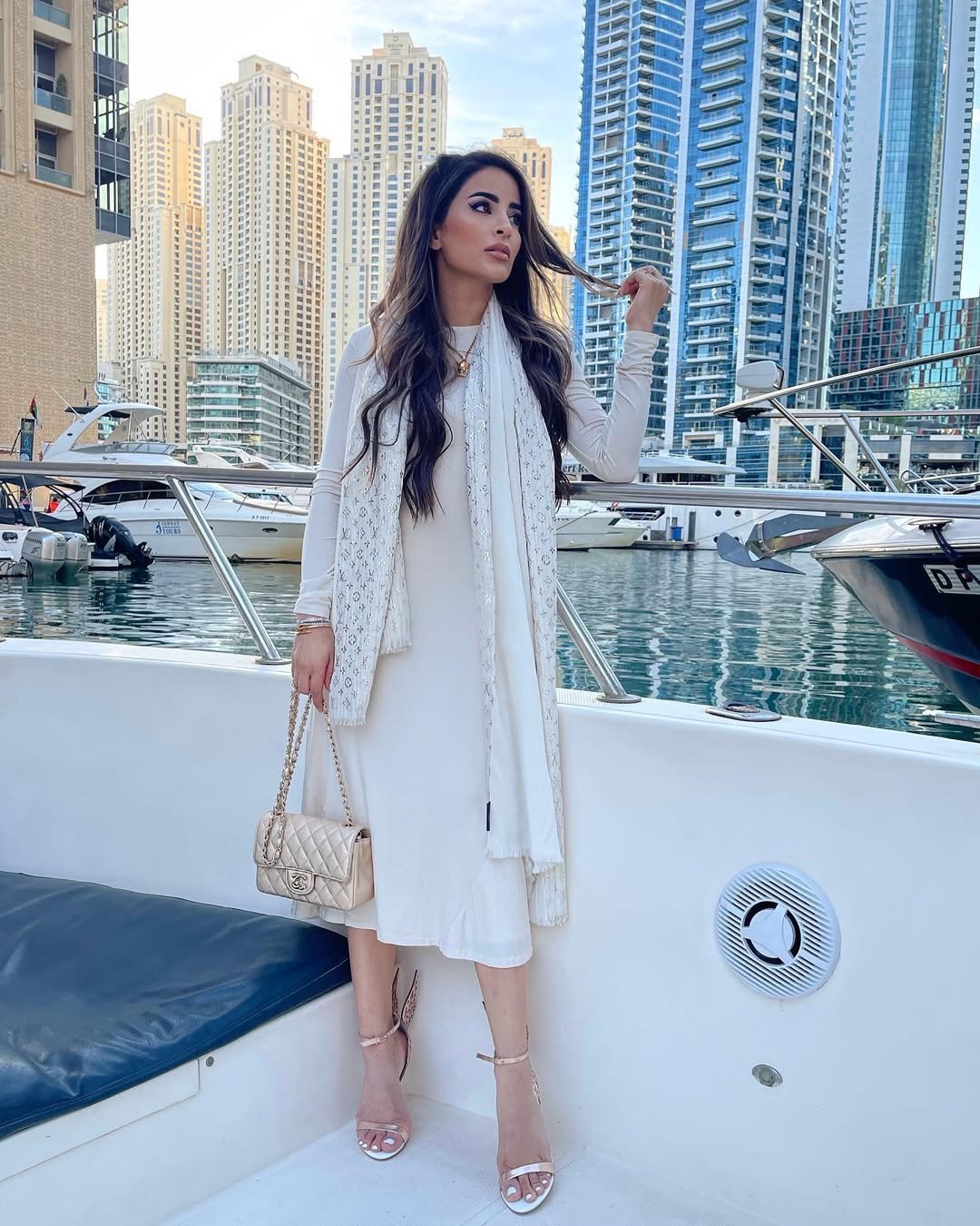White Ribbed Midi Dress with a Monogram Scarf
