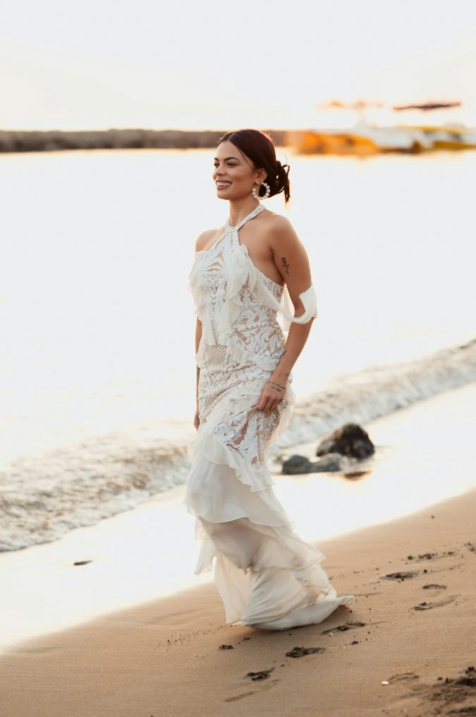 White Ruffled Lace Gown on the Shoreline