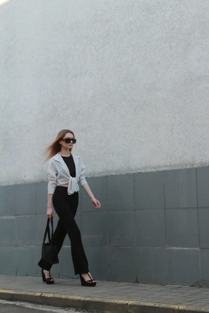 White Shirt with Black Crop Tank and Flared Trousers Minimal City Walk