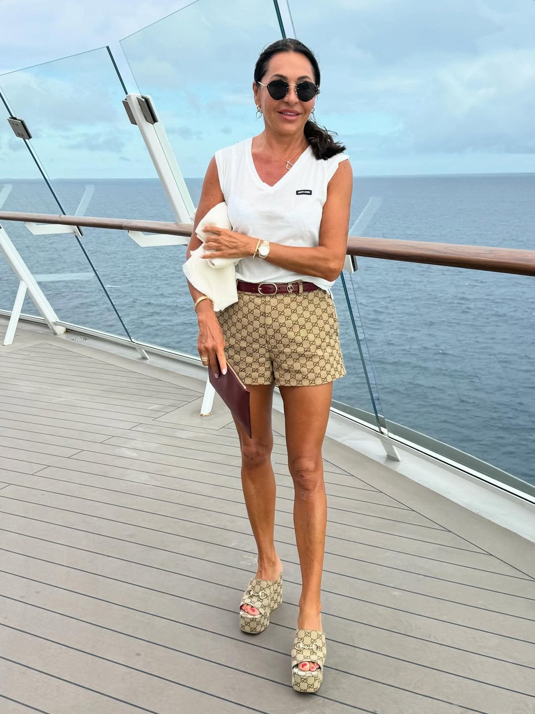 White Sleeveless Top with Monogram Shorts and Platform Slides