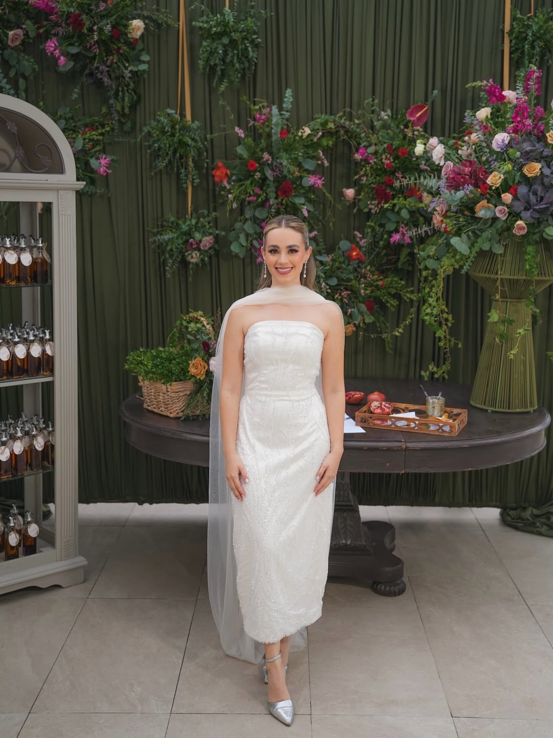 White Strapless Sparkling Midi Dress, Modest Sheer Cape