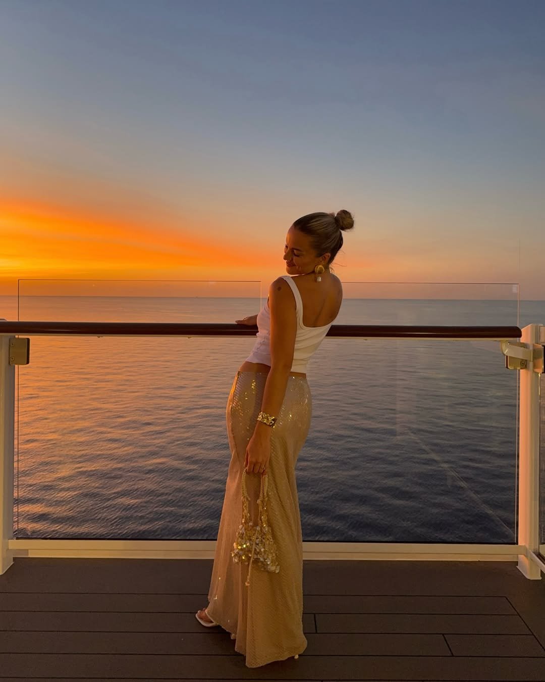 White Tank Top with Shimmering Champagne Maxi Skirt