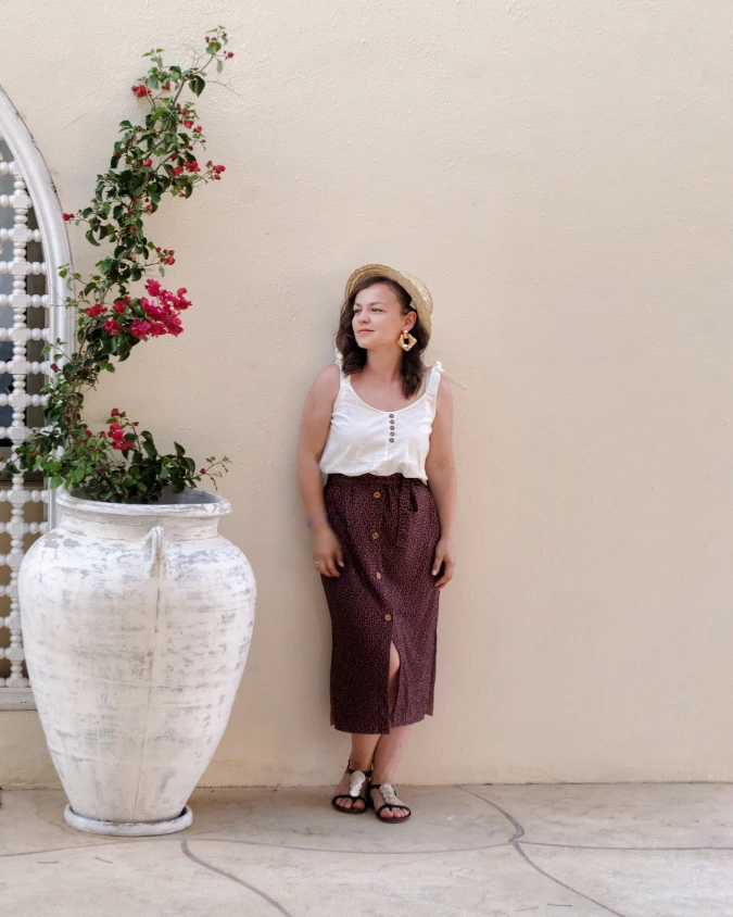 White Tank With Button Midi Skirt
