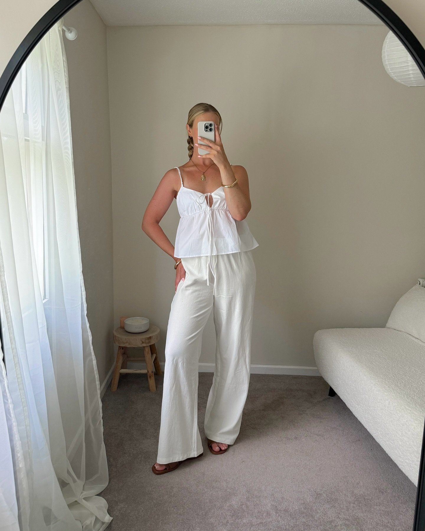 White Tie-Front Peplum Top with Matching Linen Trousers