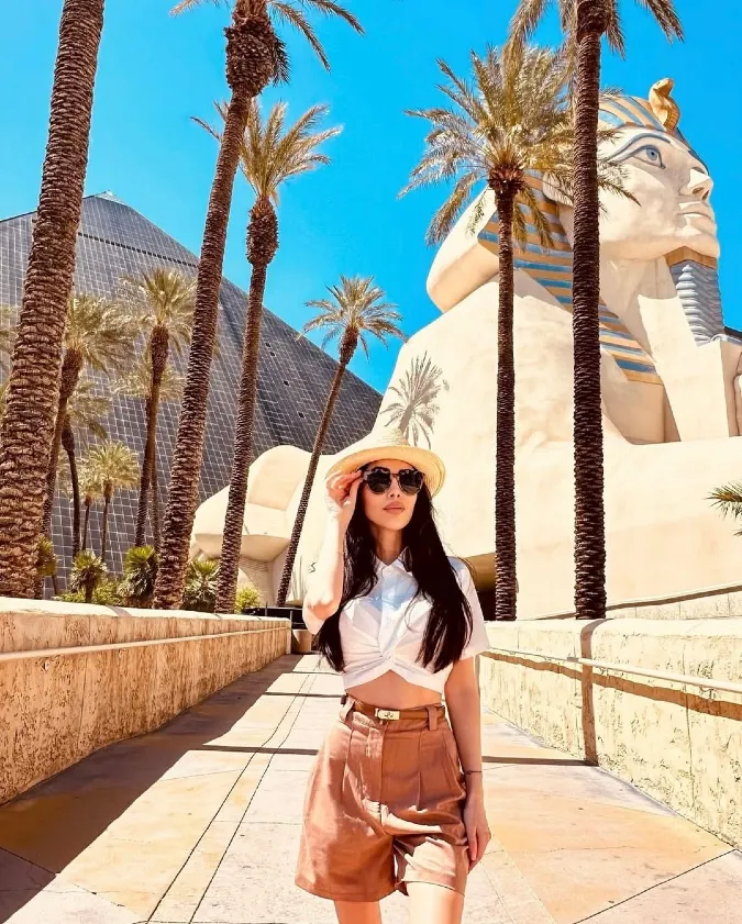 White Twisted Shirt with Tan Shorts at the Luxor Sphinx