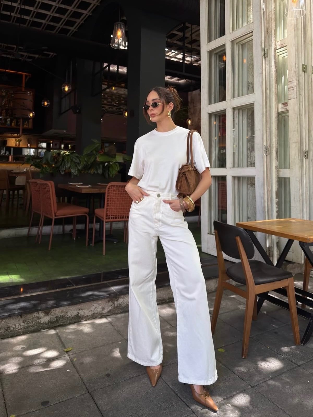 Wide-Leg White Denim with Oversized Crewneck Tee and Tan Suede Shoulder Bag
