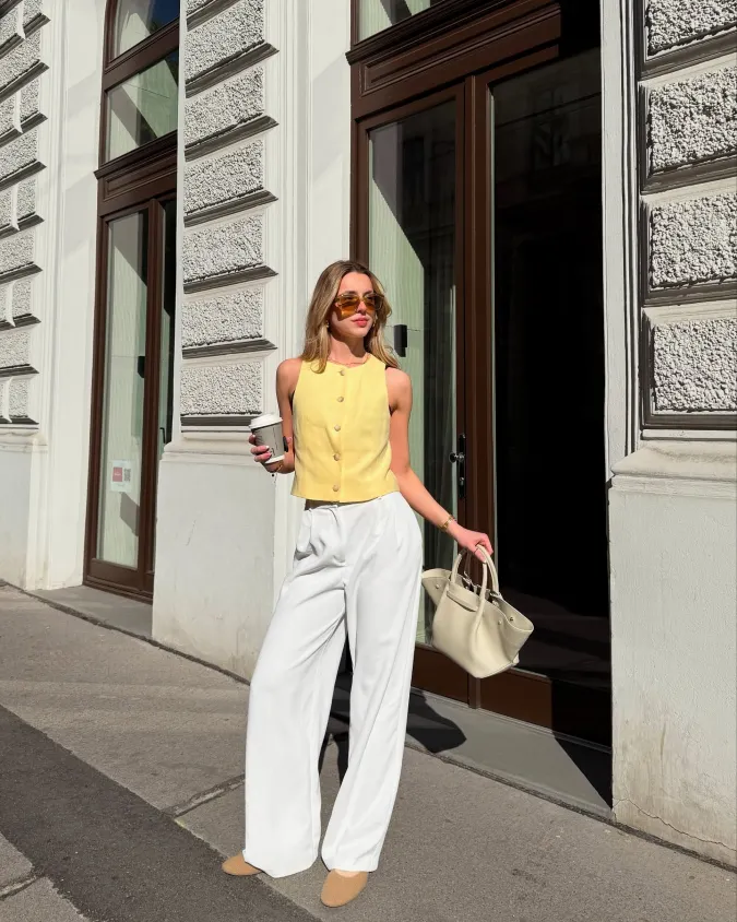 Yellow Button Vest With White Wide Leg Pants