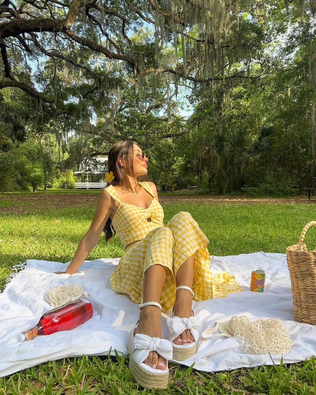 Yellow Gingham Two-Piece Set with White Platform Bow Espadrilles