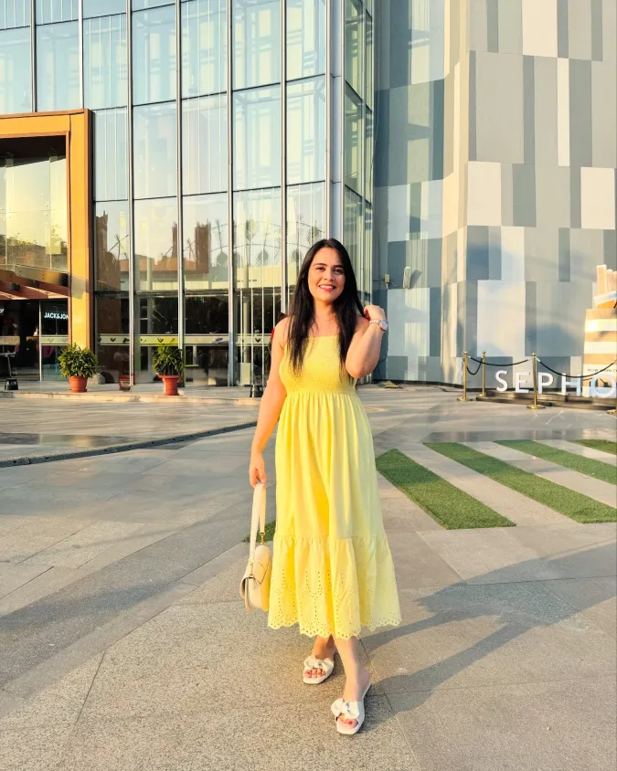Yellow Smocked Midi Dress With White Slides