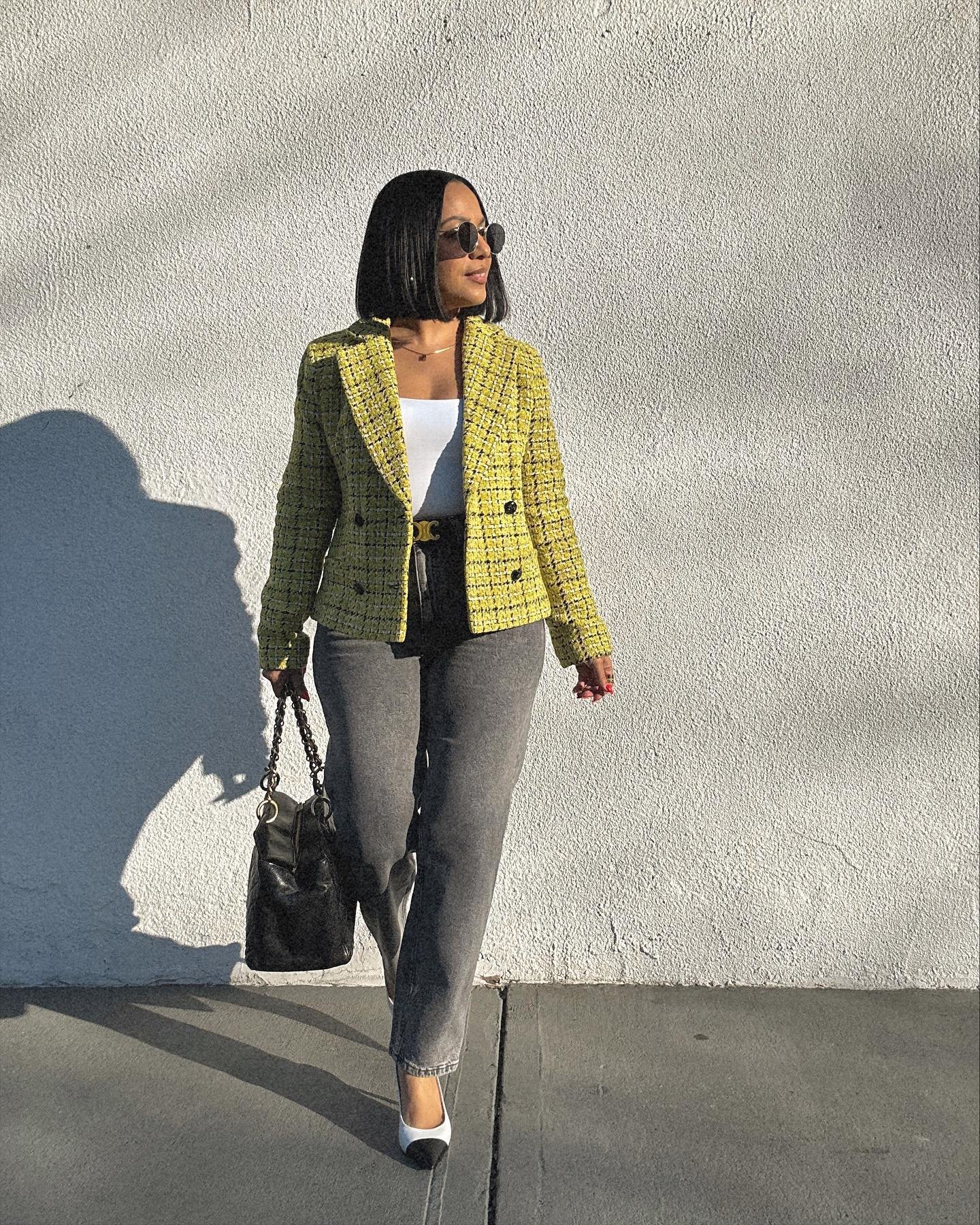 Yellow Tweed Blazer with Charcoal Denim and Cap-Toe Heels
