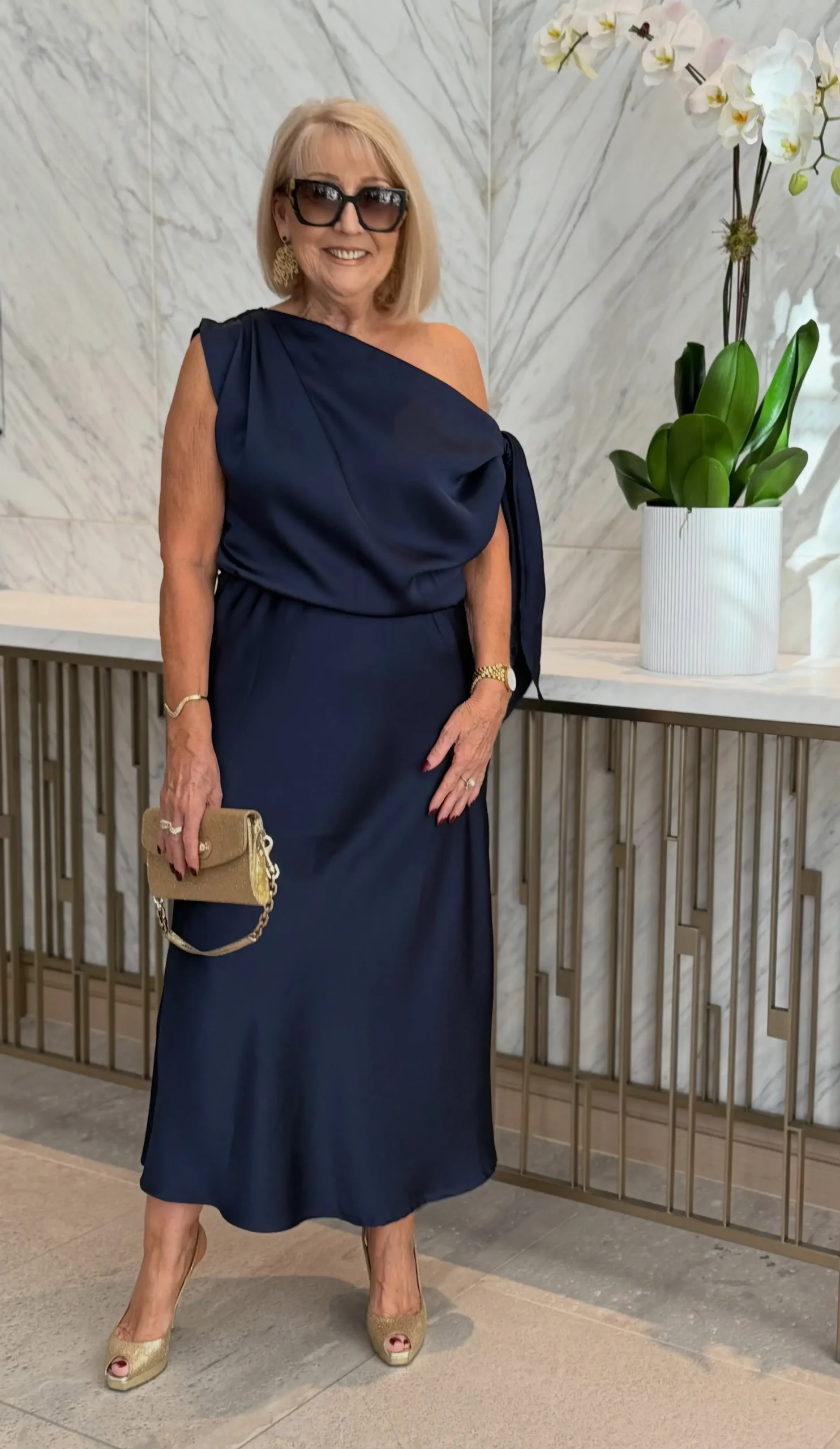 Asymmetrical Navy Silk Dress with Woven Gold Accessories