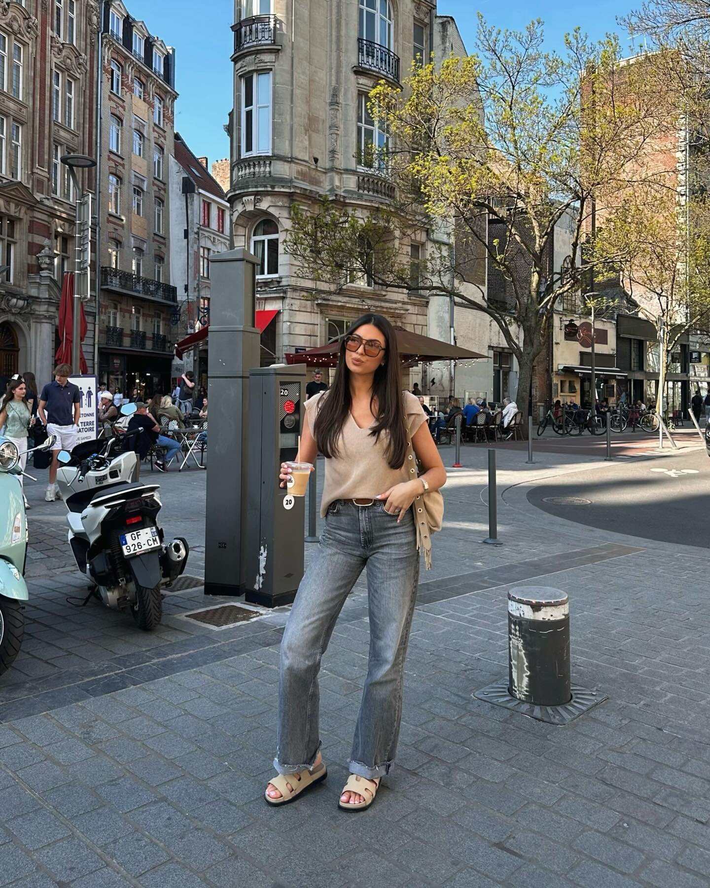 Beige Knit V-Neck and Grey Wash Denim