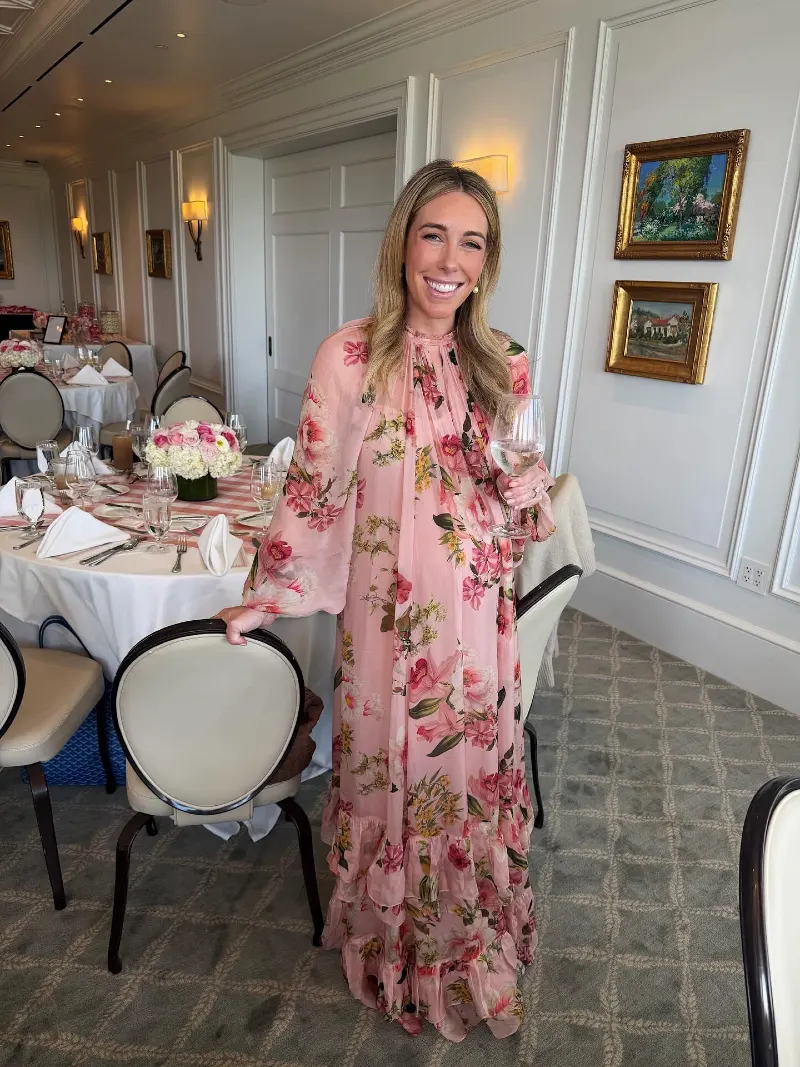 Billowing Botanical Maxi Dress Beside a Classic Paneled Dining Table