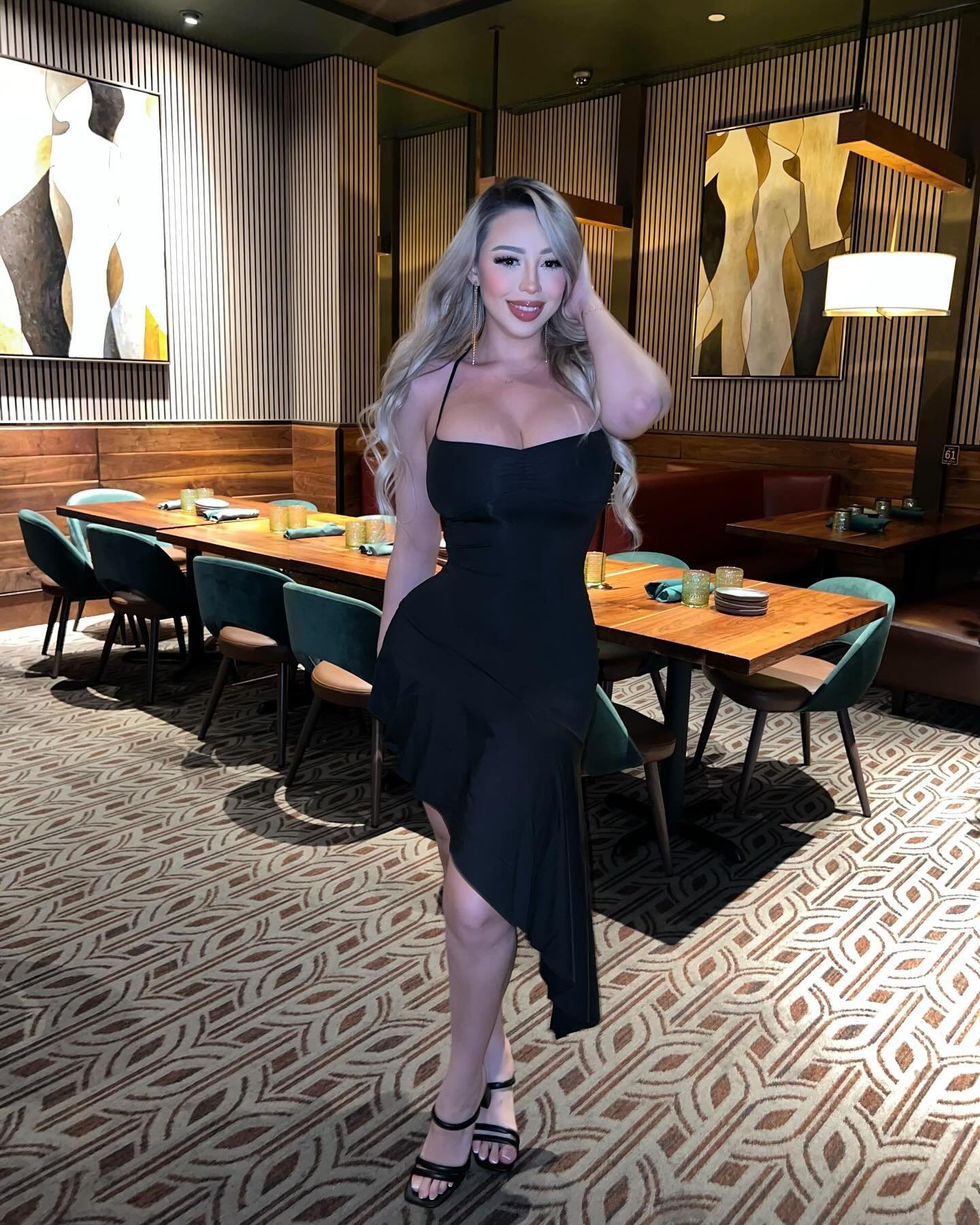 Black Asymmetric Hem Dress with Thin Straps and Minimalist Heels
