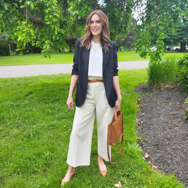 Black Blazer over Ivory Cropped Trousers with Tan Accessories