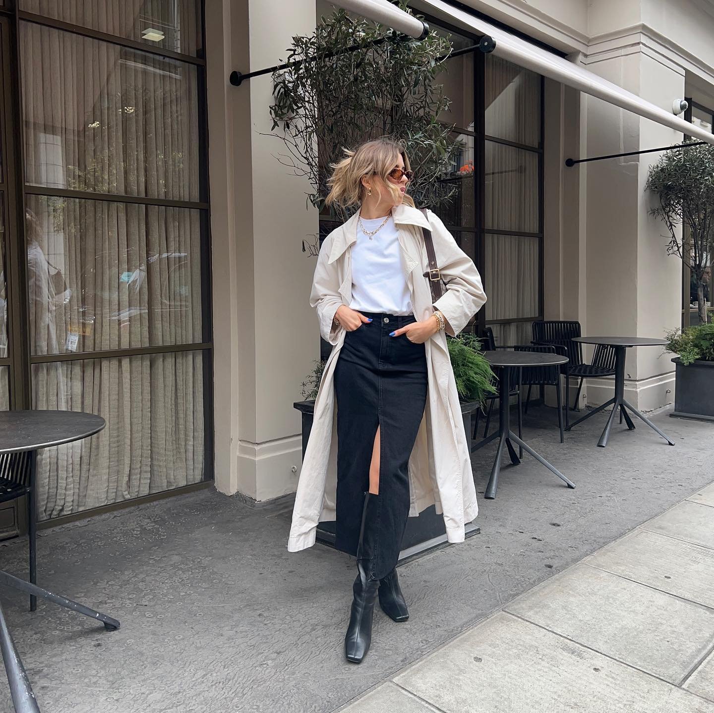 Black Denim Split Midi with Oversized Cream Trench Coat