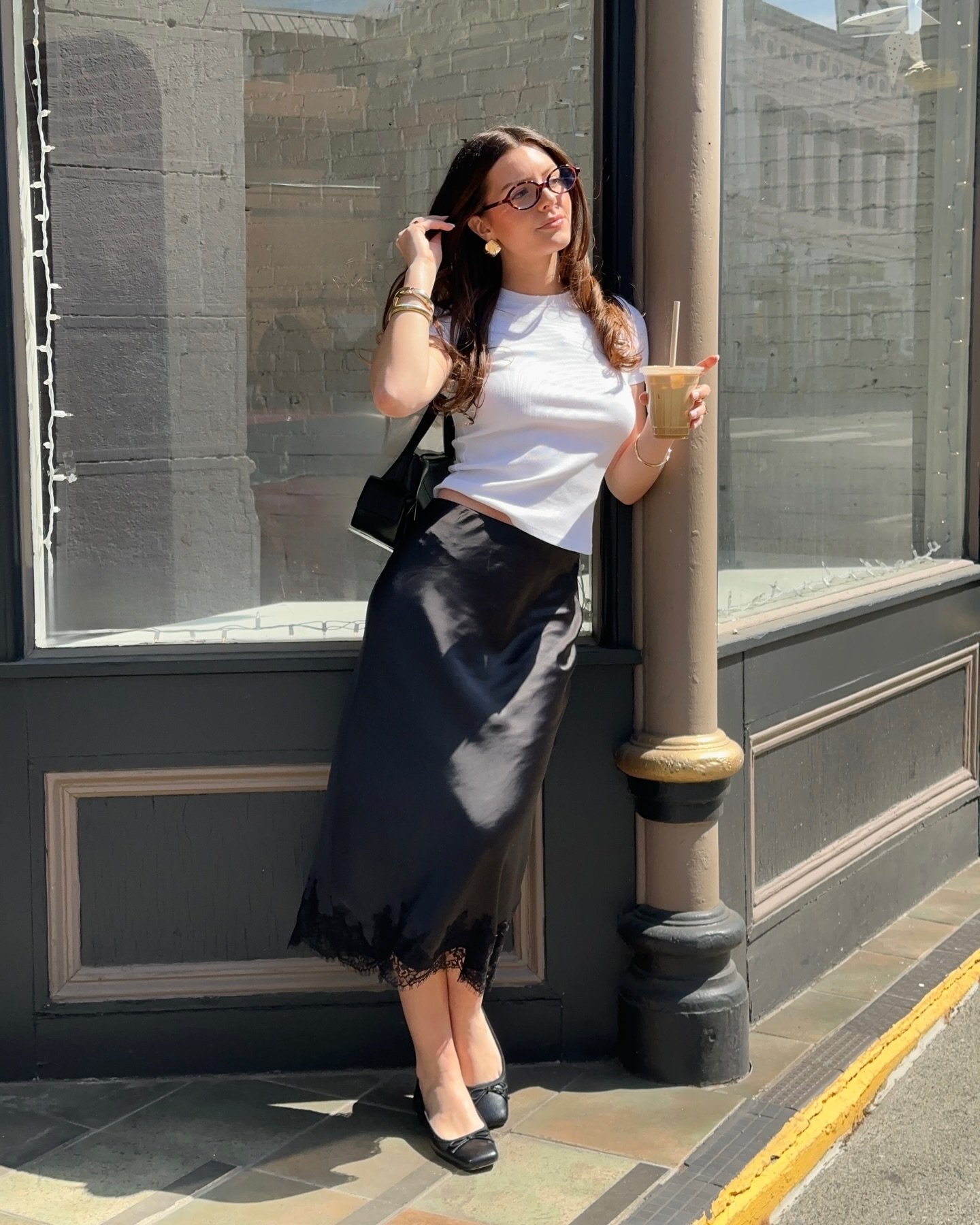 Black Satin Lace-Trim Slip Skirt with White Micro-Rib Tee