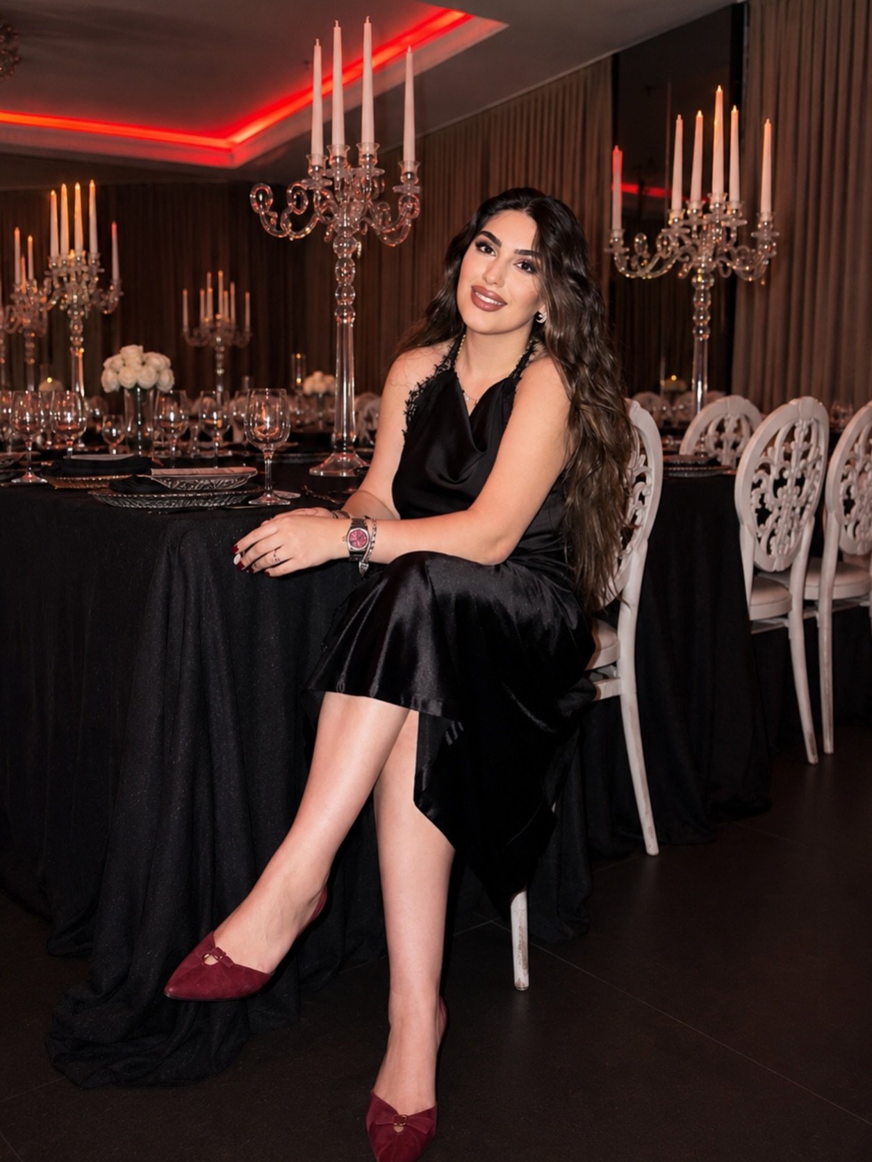 Black Satin Slip Dress with Deep Burgundy Pointed Flats