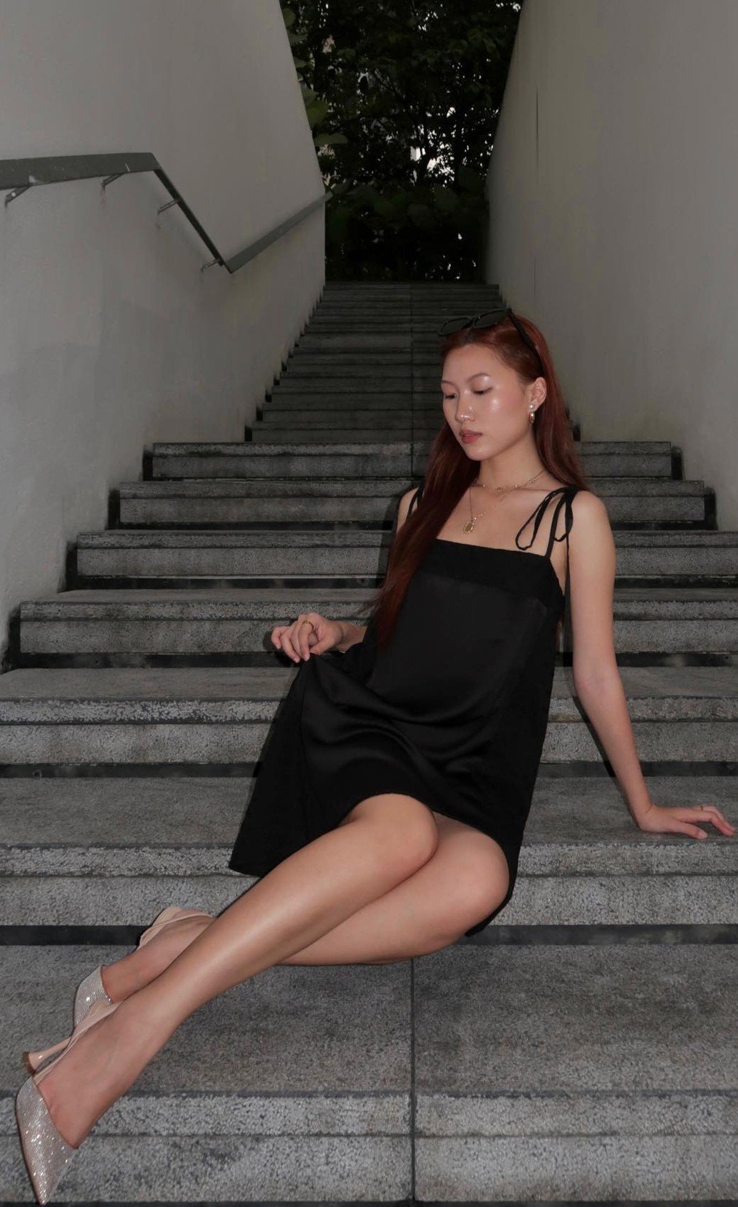 Black Satin Slip Dress with Tie-Shoulder Detail and Sparkling Heels