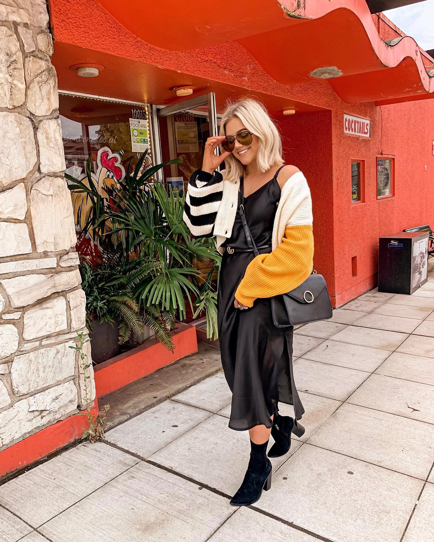 Black Slip Dress with Color-Blocked Cardigan and Suede Booties