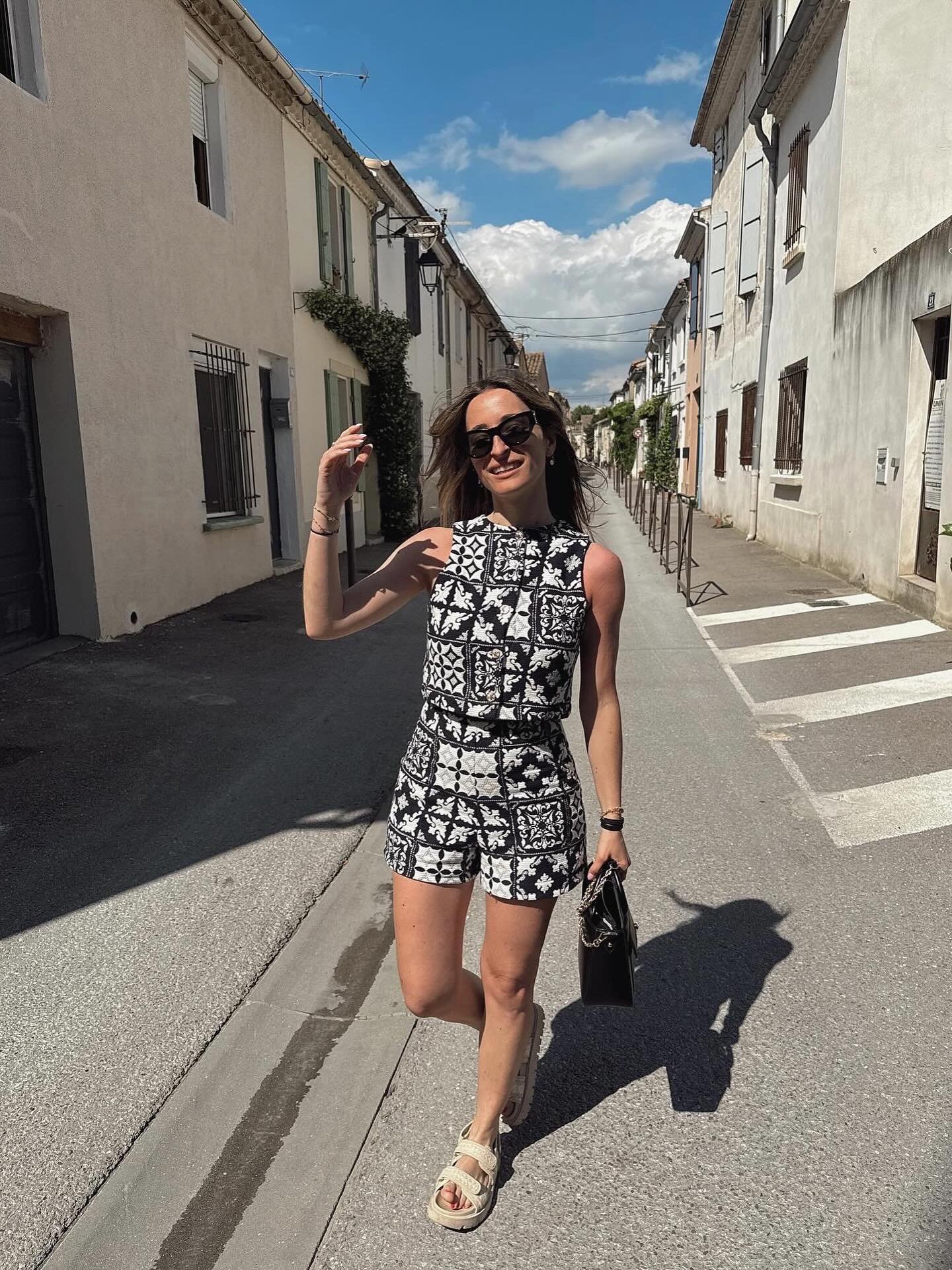 Black-and-White Patterned Co-ord Set with Sporty Sandals