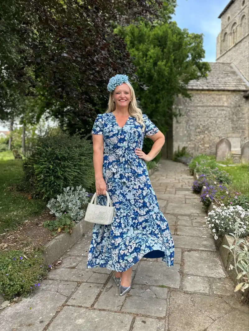 Blue Floral Tiered Maxi Dress with Beaded Bag and Matching Headpiece
