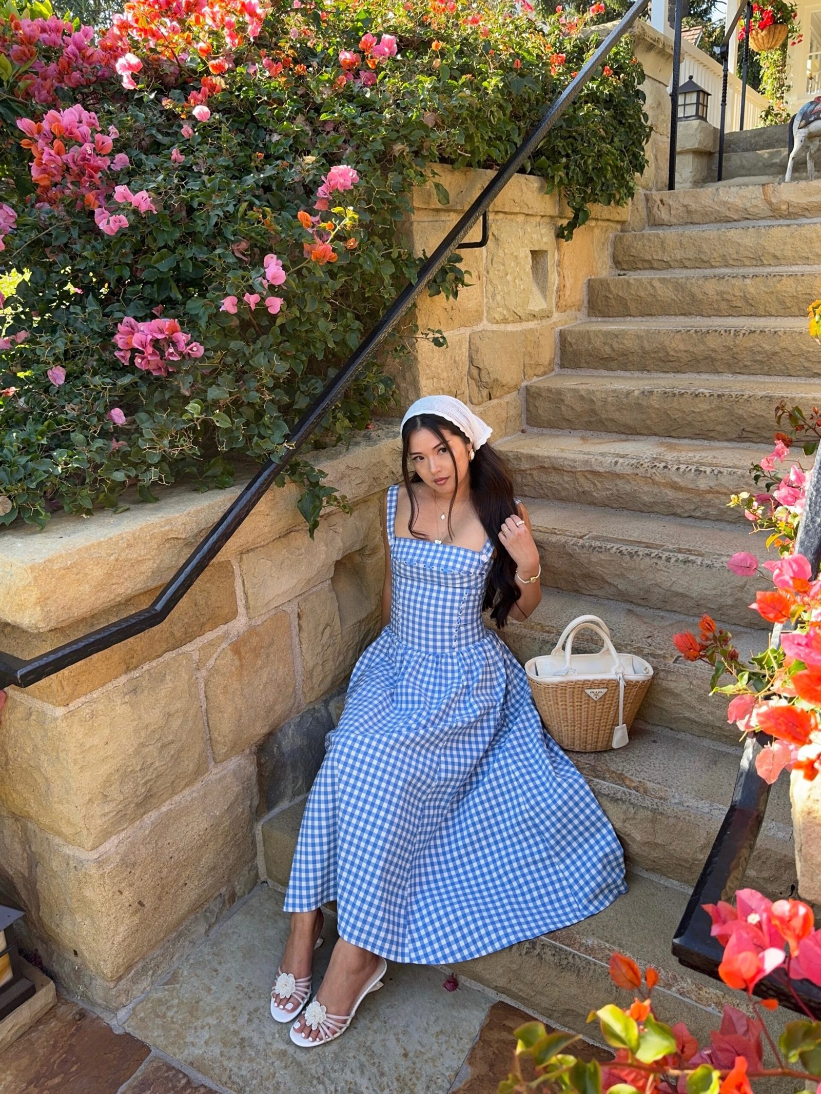 Blue Gingham Midi Dress with Woven Basket Bag and White Kerchief