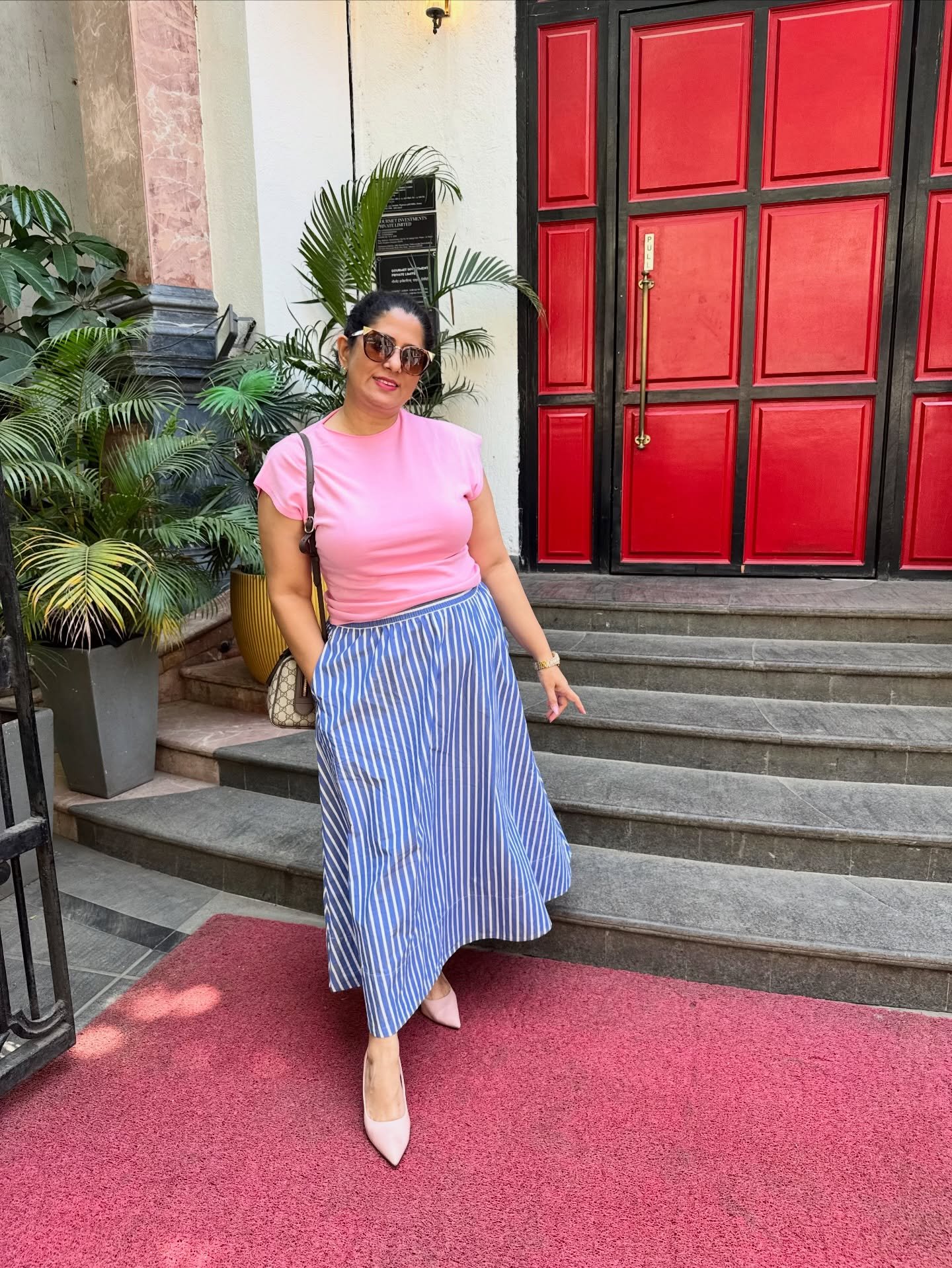 Blue Pinstripe Pleated Midi with Soft Pink Muscle Tee