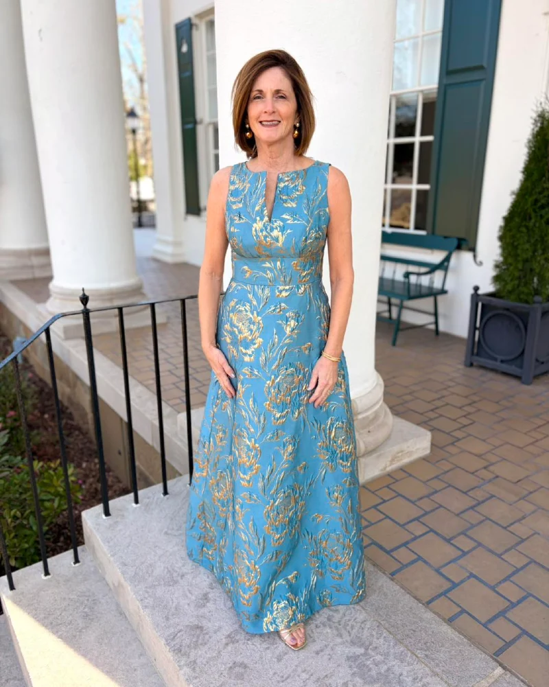 Blue and Gold Floral Brocade A-Line Gown