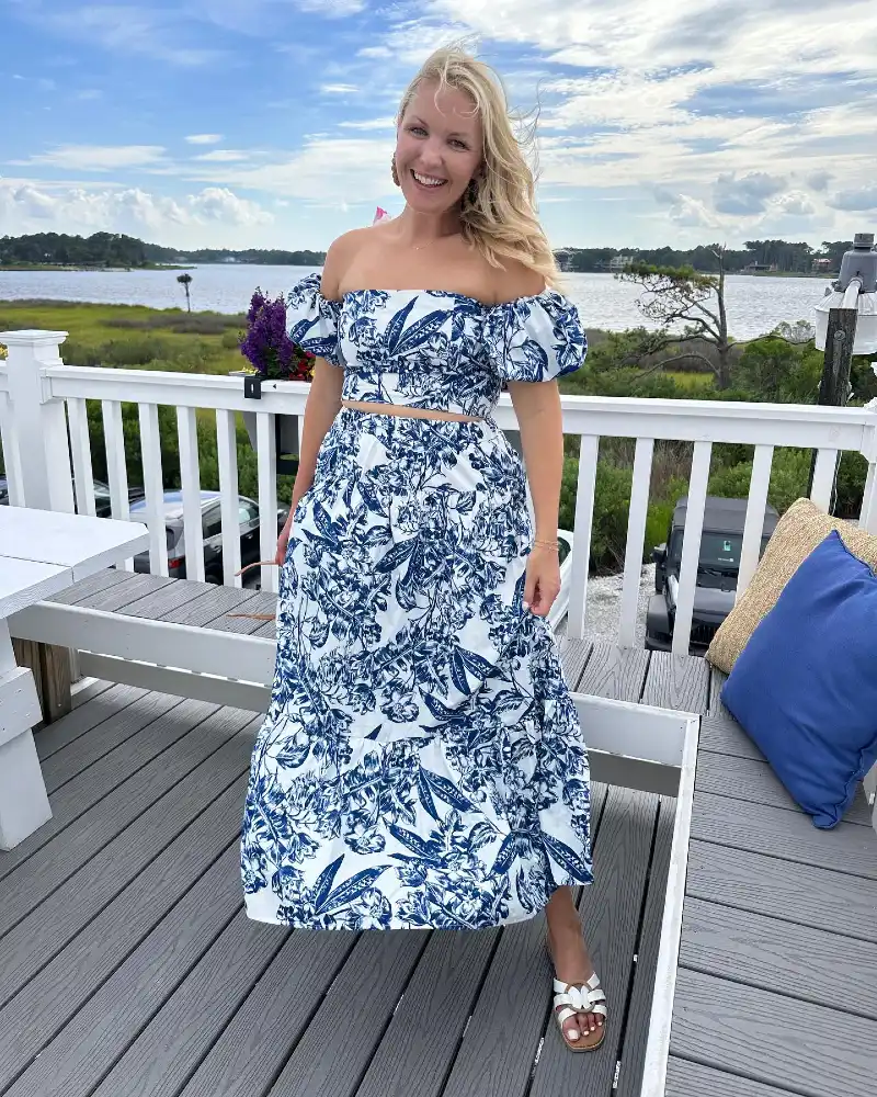 Blue and White Botanical Print Off-the-Shoulder Crop Top with Matching Tiered Maxi Skirt