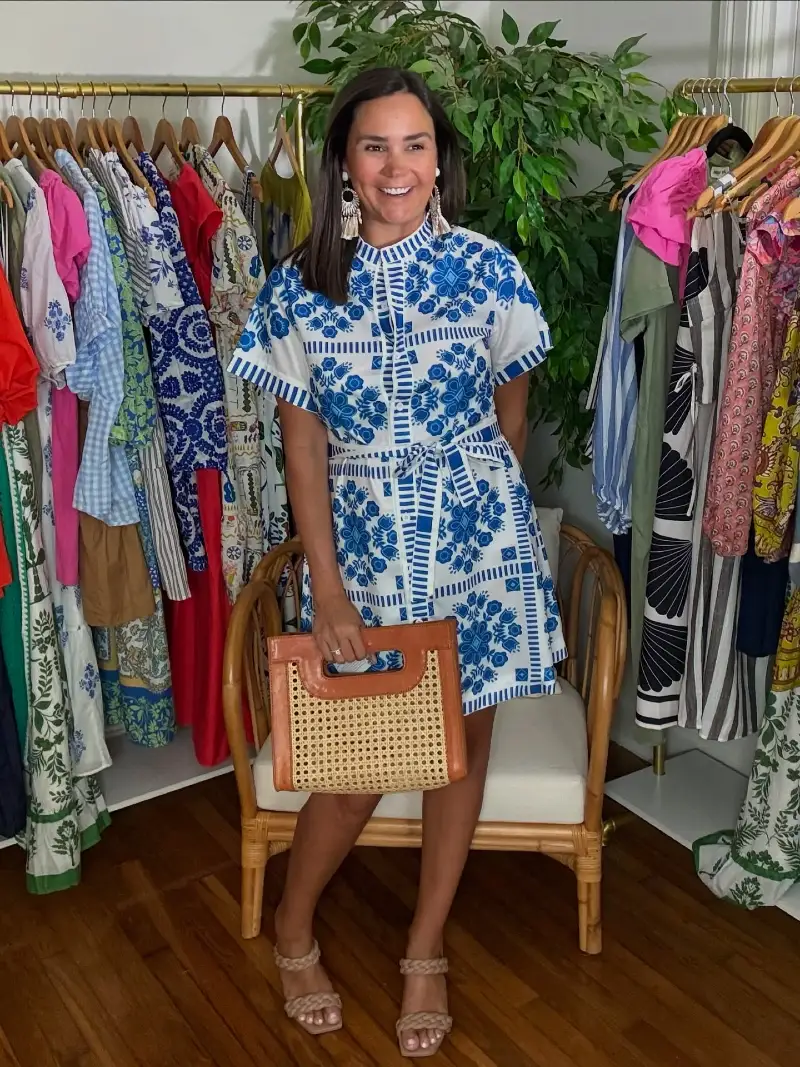 Blue and White Embroidered Shirt Dress with Rattan Clutch