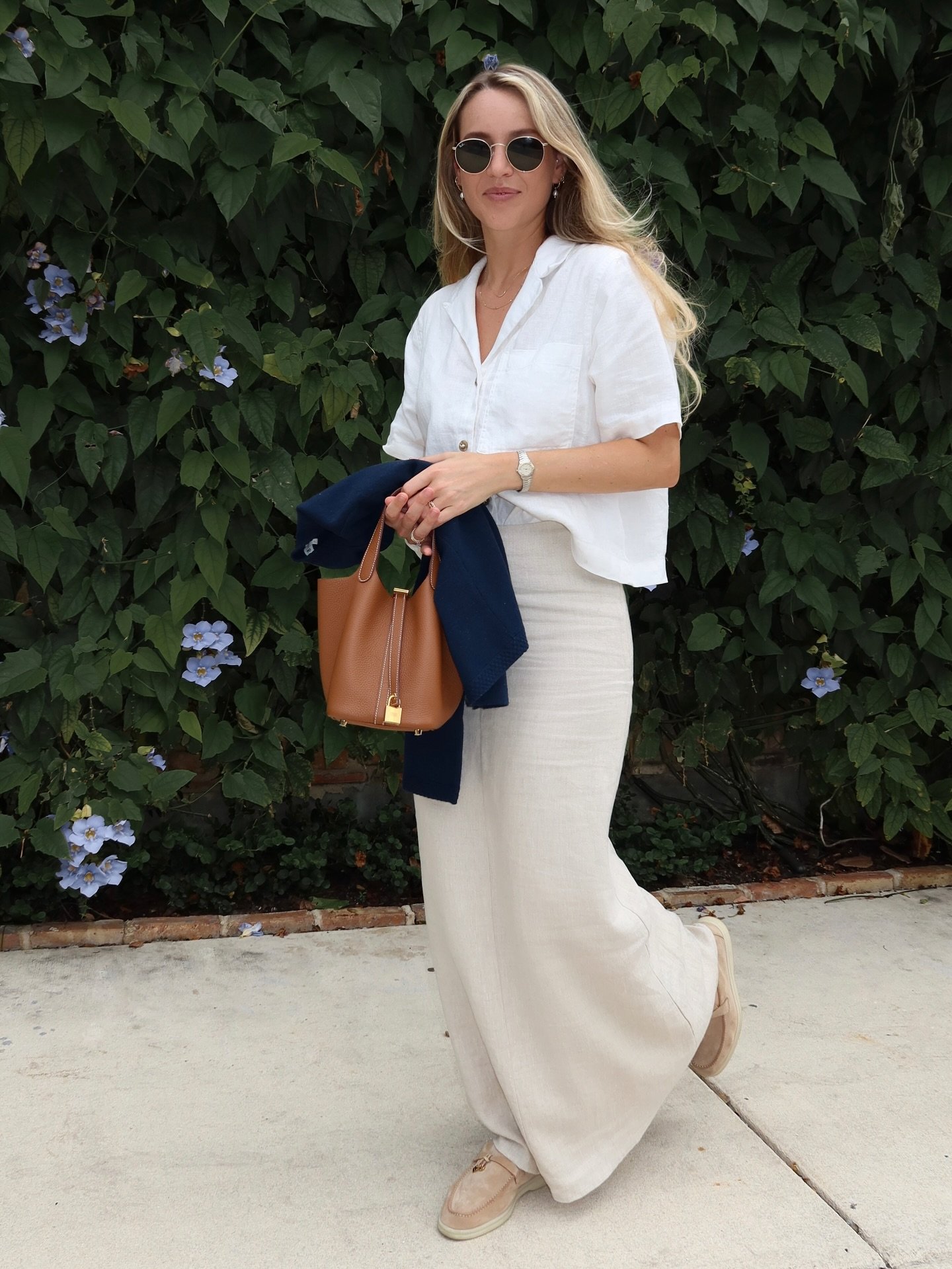 Breezy Linen Separates with Tan Bucket Bag