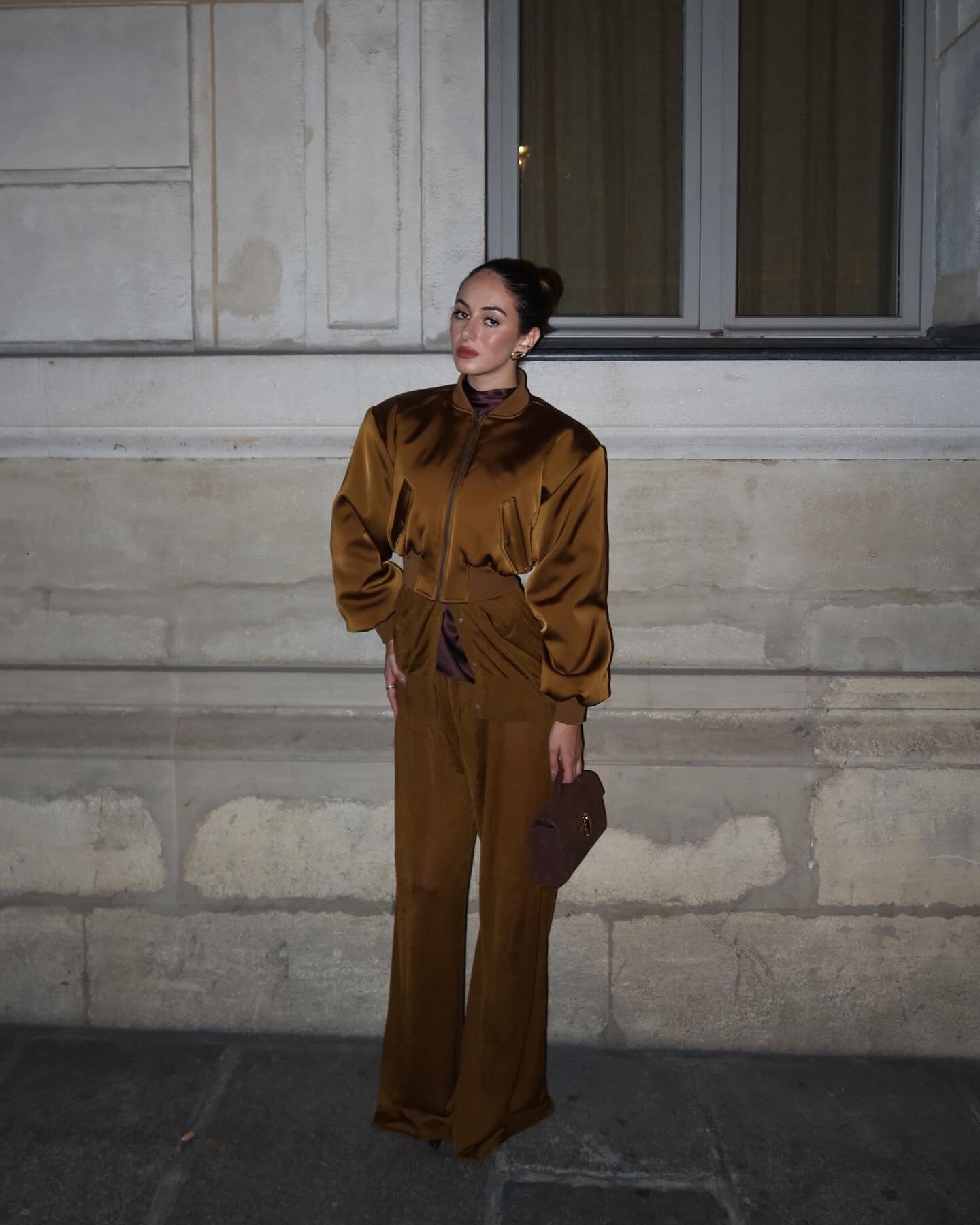 Bronze Satin Bomber Jacket with Matching Wide-Leg Trousers