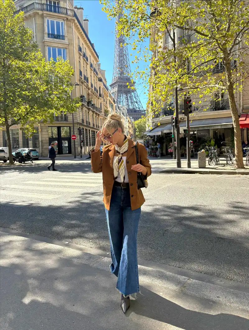 Brown Blazer with Silk Neck Scarf, Dark Flare Denim, and Pointed Boots