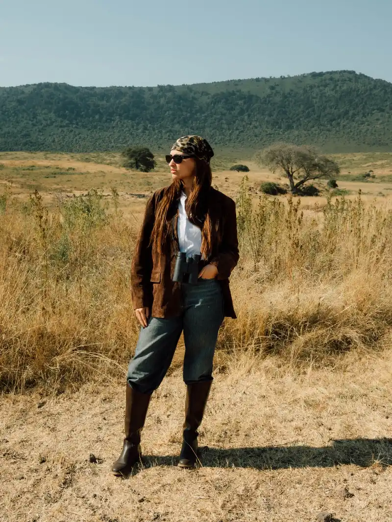 Brown Suede Blazer with White Shirt, Denim, and Riding Boots