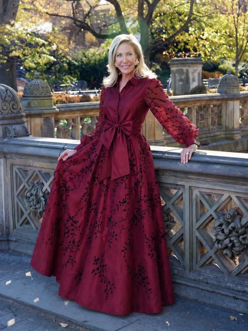 Burgundy Shirtdress with Black Floral Embroidery and Bow Waist