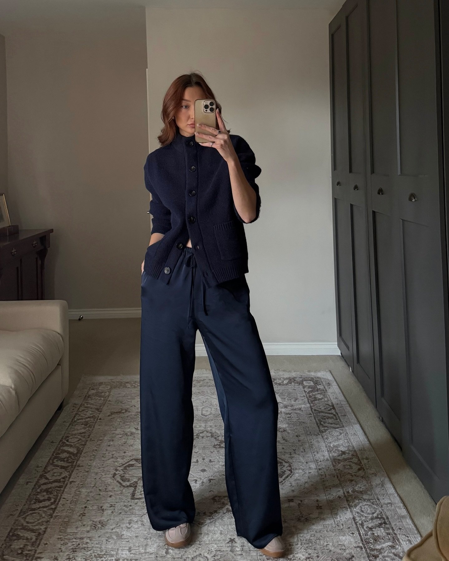 Button-Up Navy Knit Cardigan with Glossy Satin Trousers